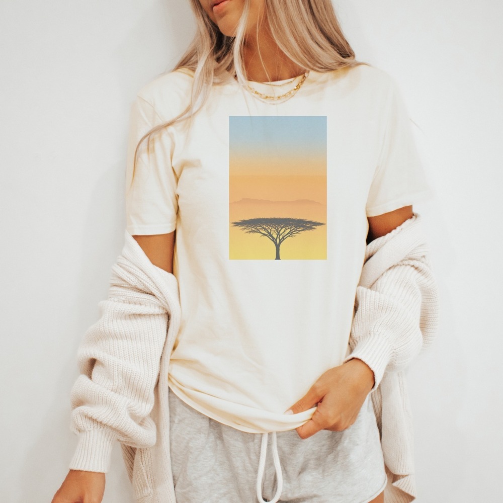 Acacia Rising Over Desert Mesa at Amber Dusk Tee